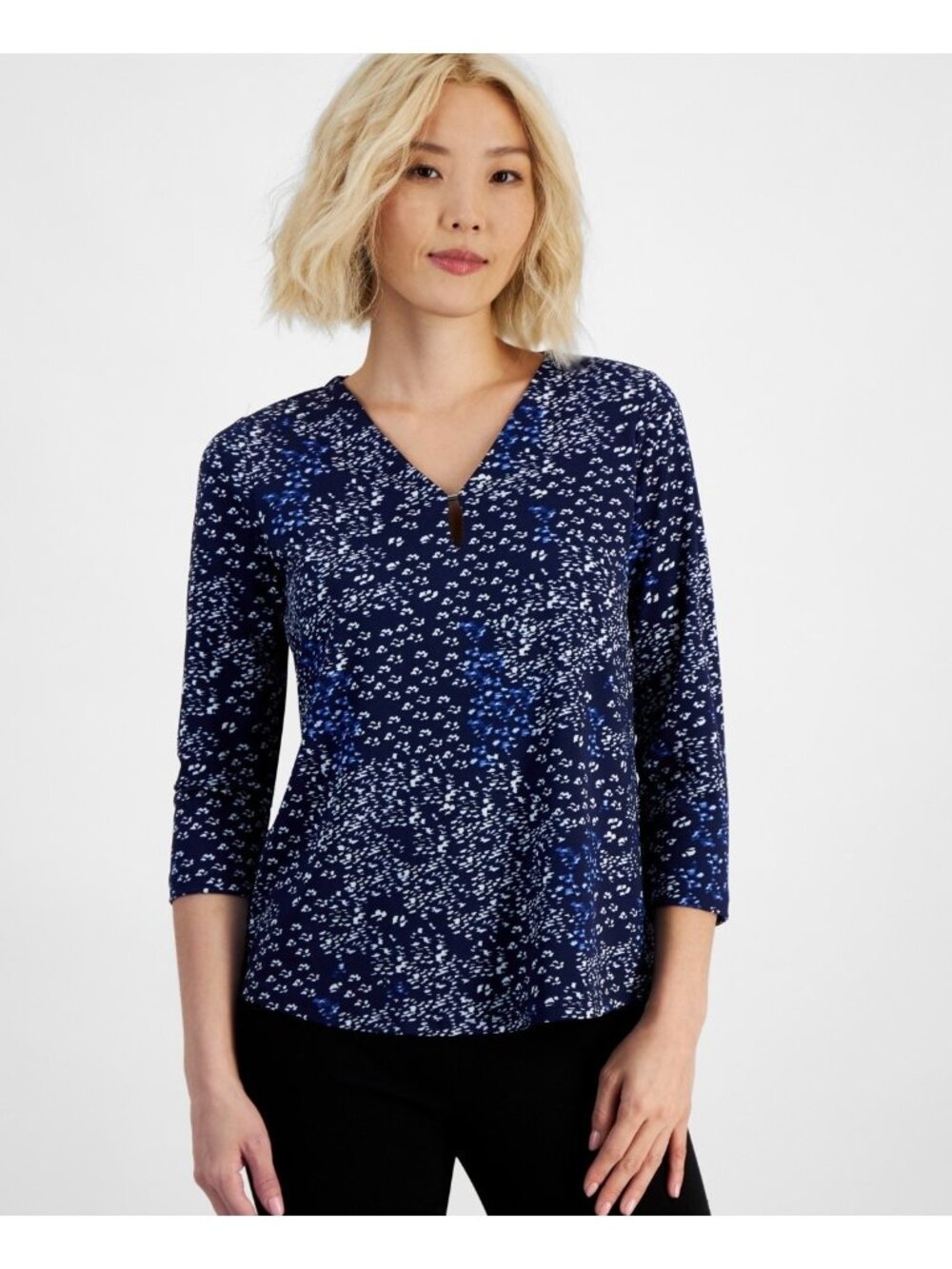 Jones New York Petite Size PM Printed Embellished 3/4-Sleeve Top Navy Blue $60